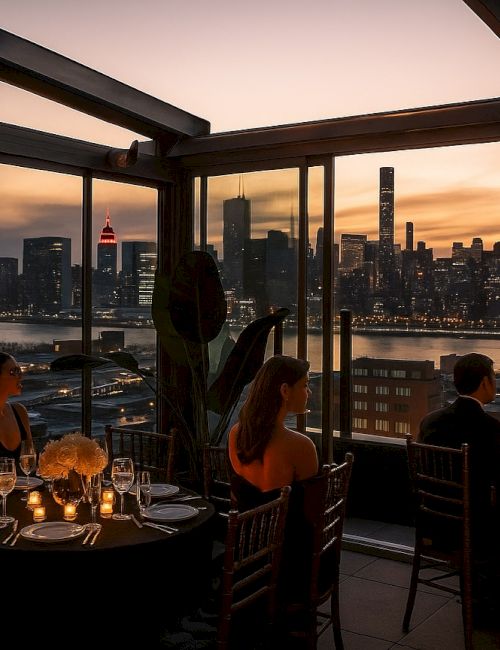 A waterfront rooftop dinner with four people enjoying drinks as the NYC skyline glows at sunset.