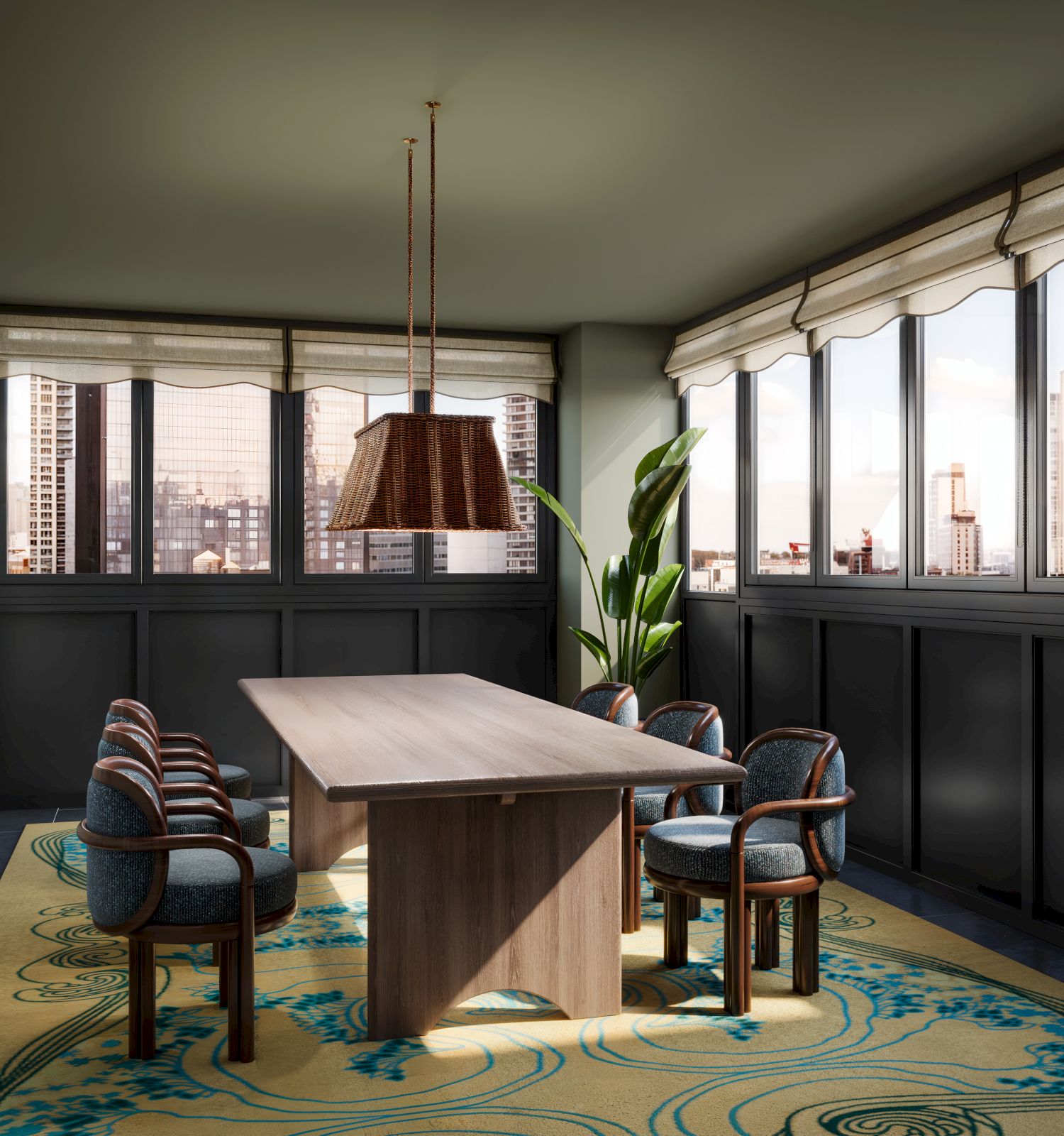 Modern dining room with a wooden table and chairs, colorful rug, hanging lamp, and large windows overlooking a city.